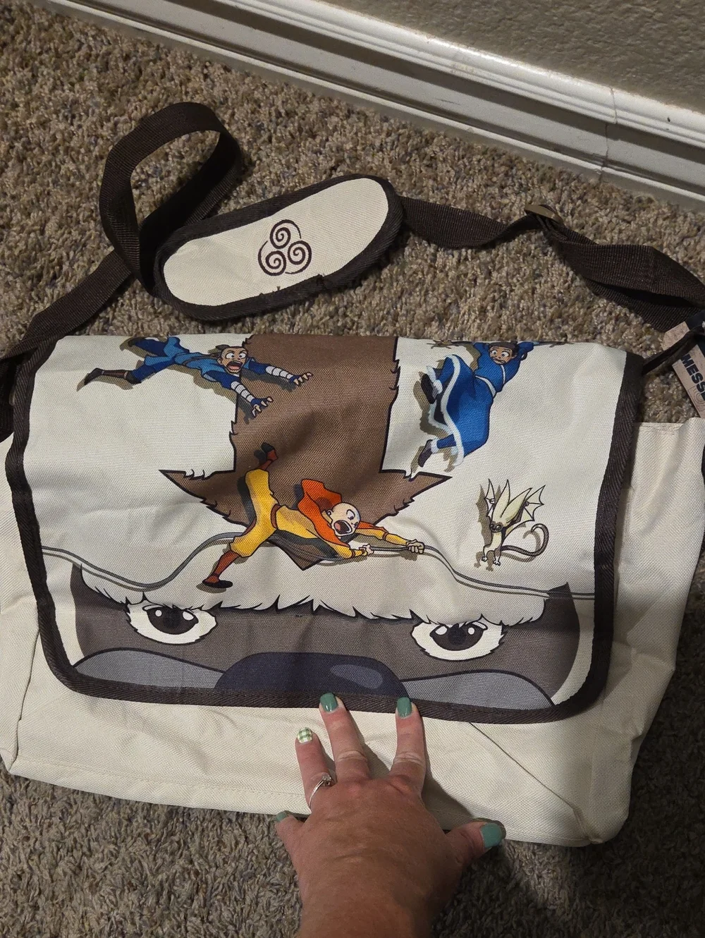 Canvas Messenger Bag in Cream & Brown with Animated Design